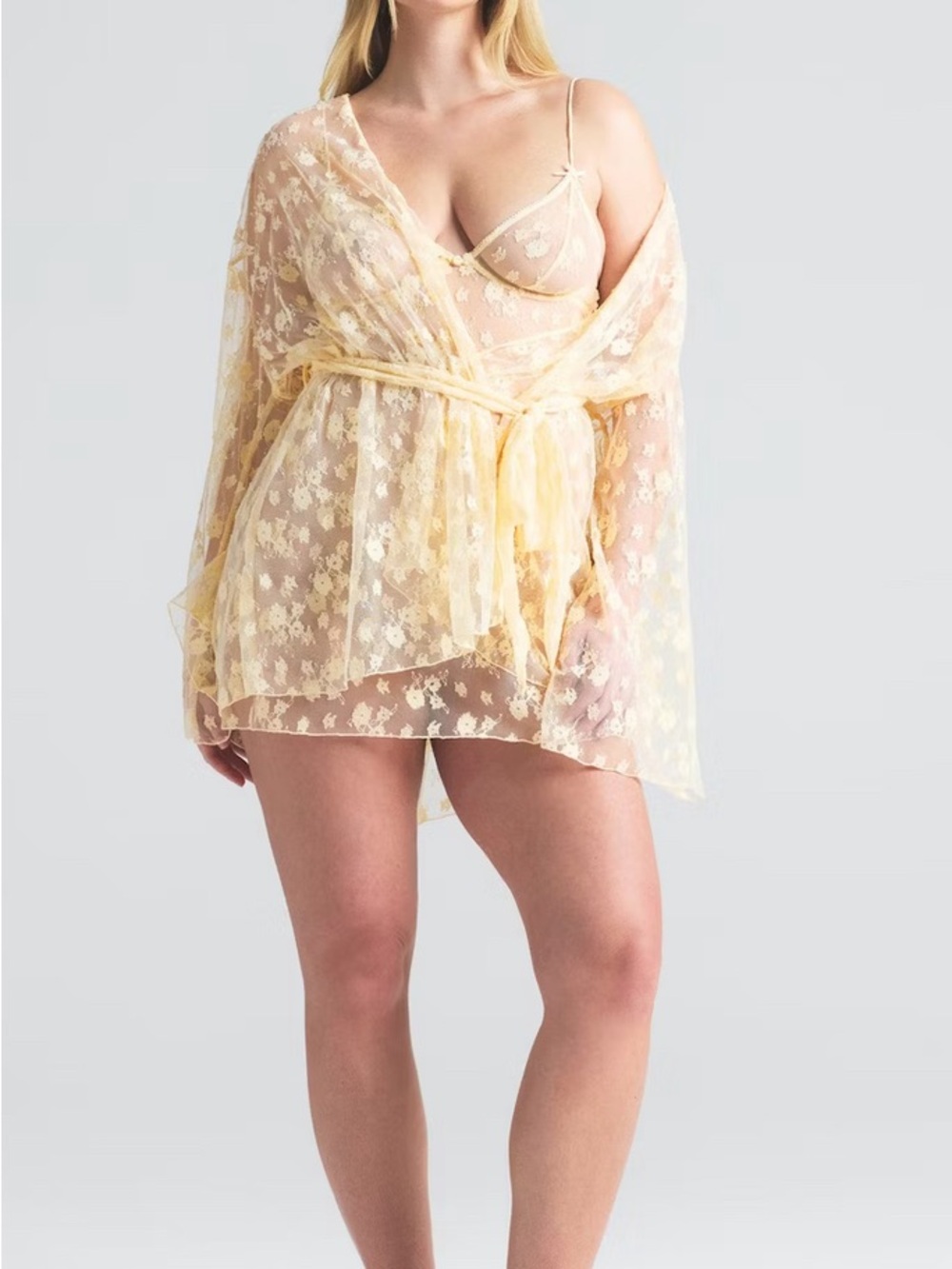 SKIMS Butter Yellow Sheer Floral Lace Robe